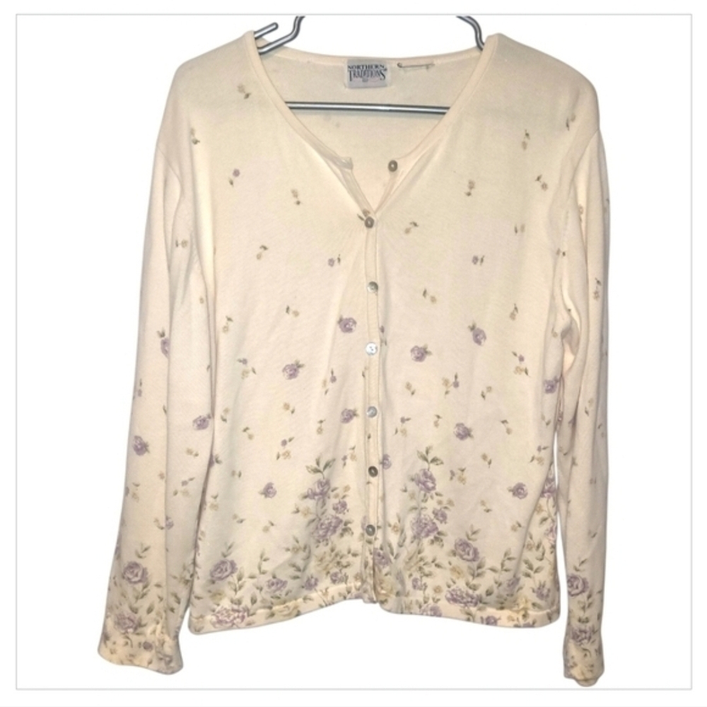 Vintage Northern Traditions Floral Cardigan Cream Large Cottagecore - Picture 2 of 5